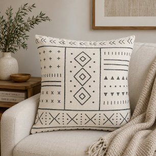 Black Ivory Tribal Geometric Pattern Modern Boho Throw Pillow