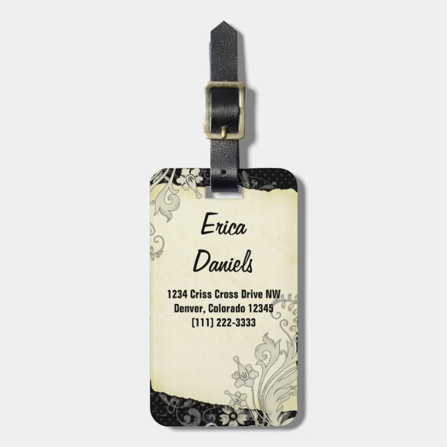 Black Ivory Vintage Floral Luggage Tag (Front Vertical)