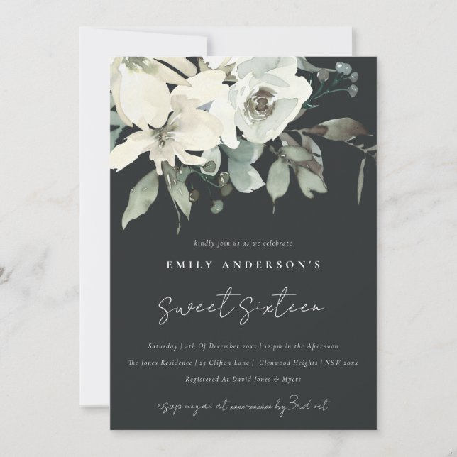 BLACK IVORY WHITE FLORAL BUNCH SWEET 16 BIRTHDAY INVITATION (Front)