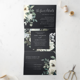 BLACK IVORY WHITE FLORAL WATERCOLOR BUNCH WEDDING Tri-Fold INVITATION