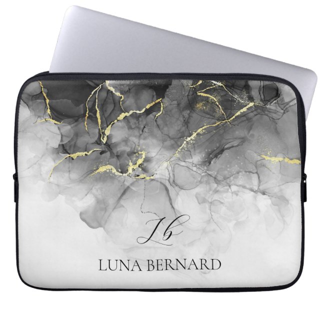 Black Jade Watercolor Ink Customizable Laptop Sleeve (Front)