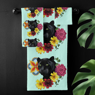Black Jaguar Portrait Flowers Bath Towel Set