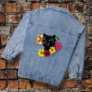 Black Jaguar Portrait Flowers Denim Jacket