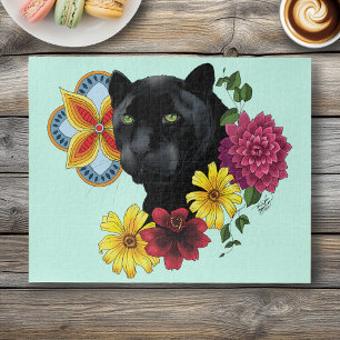 Black Jaguar Portrait Flowers Jigsaw Puzzle