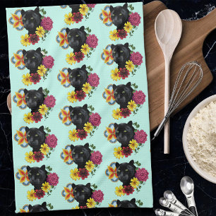 Black Jaguar Portrait Flowers Kitchen Towel