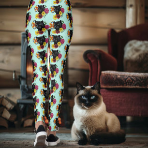Black Jaguar Portrait Flowers Leggings