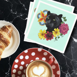 Black Jaguar Portrait Flowers Napkin