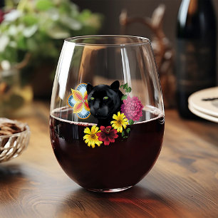 Black Jaguar Portrait Flowers Stemless Wine Glass