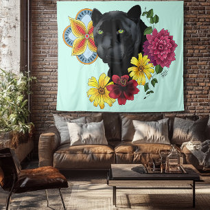 Black Jaguar Portrait Flowers Tapestry