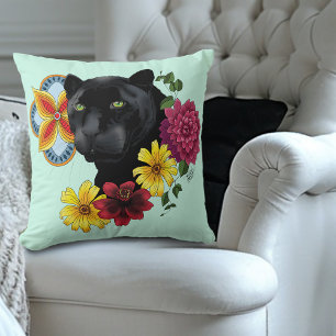 Black Jaguar Portrait Flowers Throw Pillow