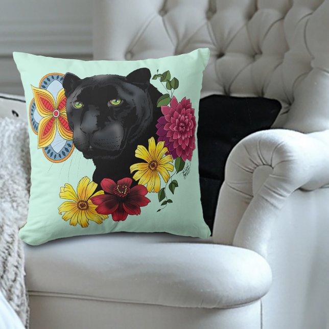 Black Jaguar Portrait Flowers Throw Pillow (Creator Uploaded)