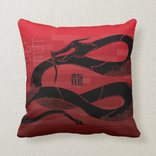Black Japanese Dragon Red Background Throw Pillow