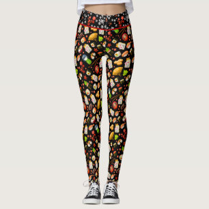 Black Japanese Maneki Neko Cat and Sushi Leggings