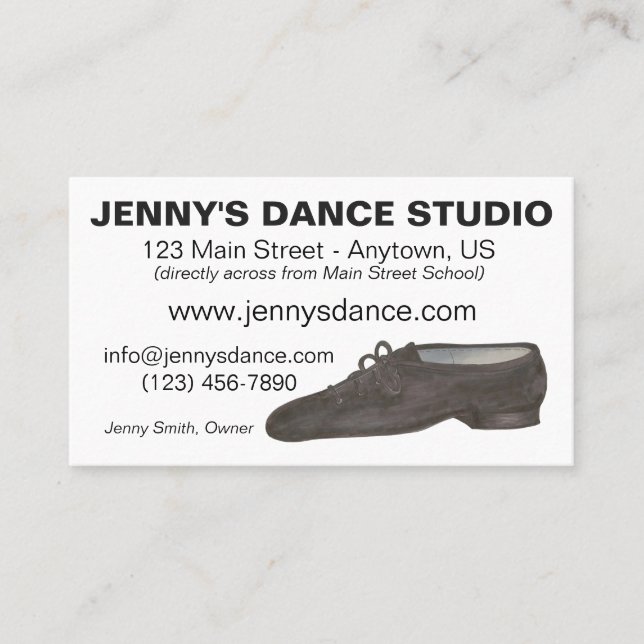 Black Jazz Dance Shoe Studio Teacher Choreographer Business Card (Front)