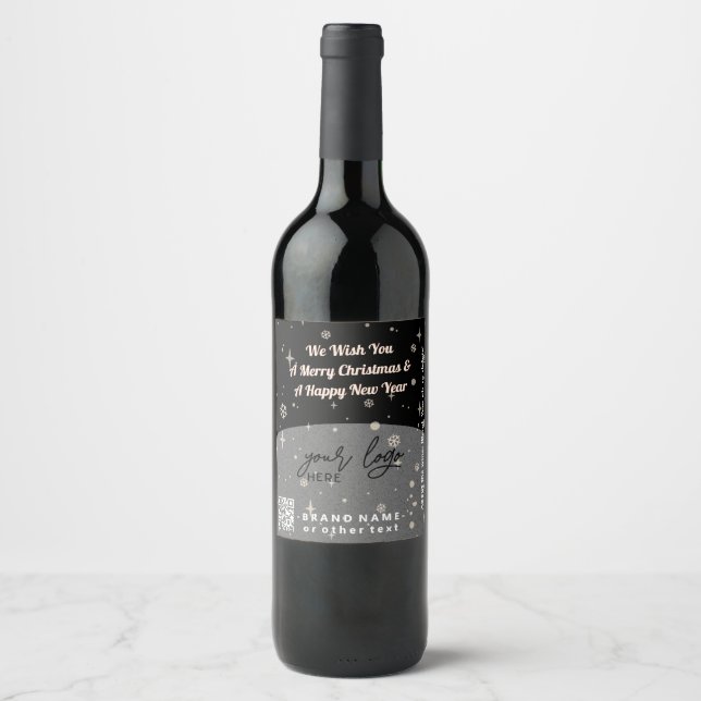 Black Jolly Christmas Business Logo QR code Chic Wine Label (Front)