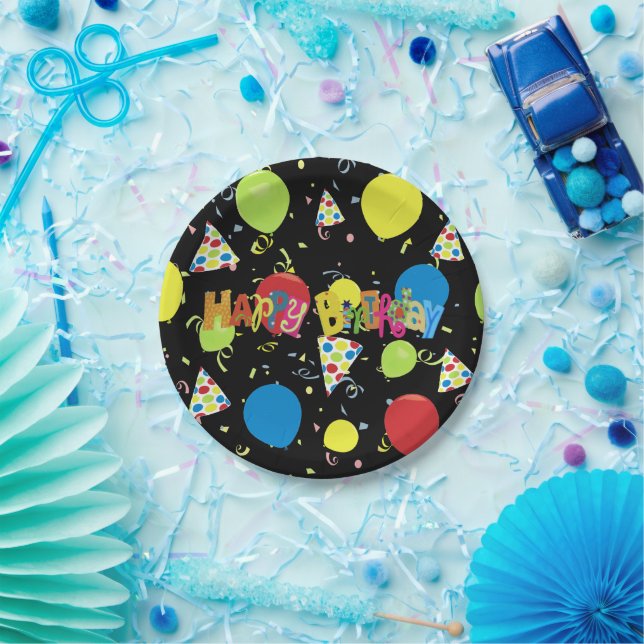 Black Joyous Happy Birthday Paper Plate (Party)