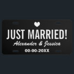 Black Just married license plate for wedding car<br><div class="desc">Custom black and white Just married license plate for wedding car. Personalize it with your wedding day / date and name of bride and groom. Custom background colour. Funny auto gift for newly weds. Includes little love heart design.</div>