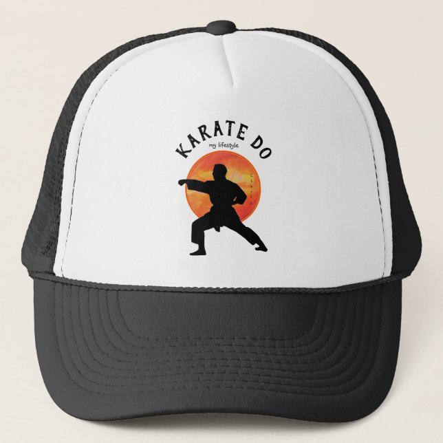 Black Karate Figure Sun Orange Yellow Name Modern  Trucker Hat (Front)
