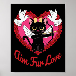 Black Kawaii Cat Cupid With Heart And Rose Aim Fur Poster