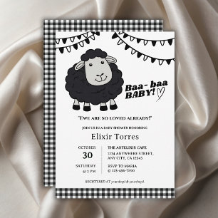Black Kawaii Little Lamb Baby Shower Invitation