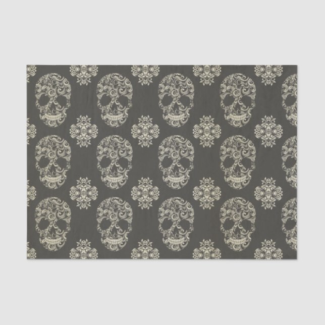 black,khaki,sugar skull,halloween,pattern,damasks, tissue paper (Front)