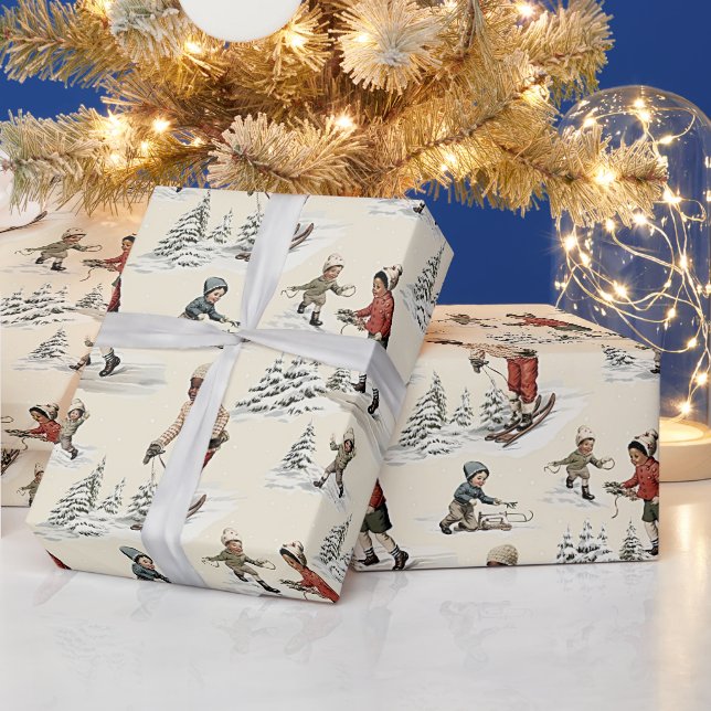 Black Kid's Winter Fun Snowshoeing in the Snow Wrapping Paper (Holidays)