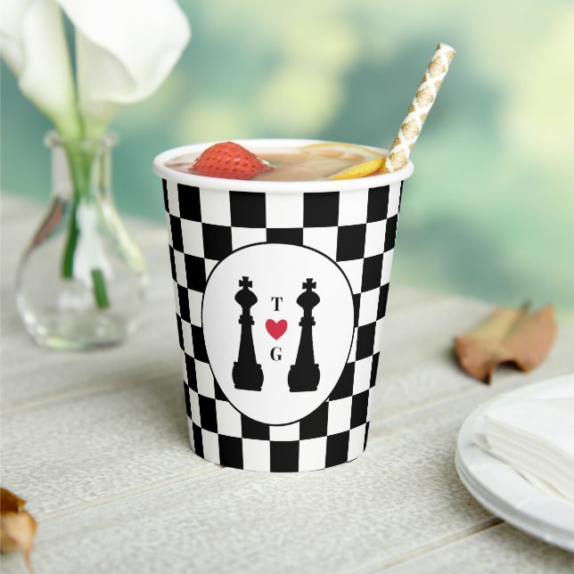 Black King Chess Pieces Gay Wedding Monogram Paper Cups (Insitu)