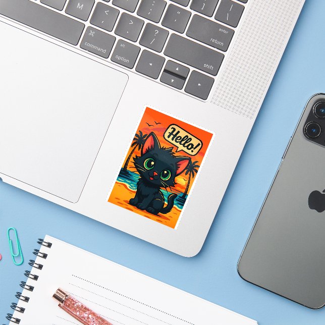 Black Kitten at Sunset Beach – Die-Cut Sticker (Laptop w/ iPhone)