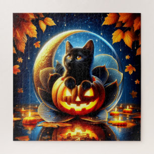 Black Kitten, Autumn Foliage, Moon and Pumpkins Jigsaw Puzzle