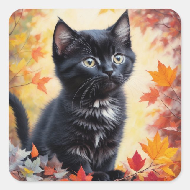 Black Kitten Autumn Scene Flat Card Square Sticker (Front)