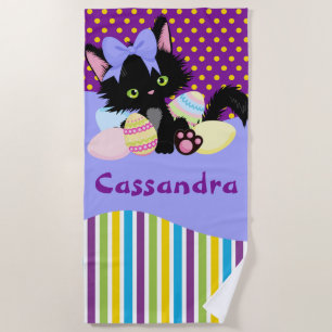 Black Kitten Easter Egg Dots and Stripes Beach Towel