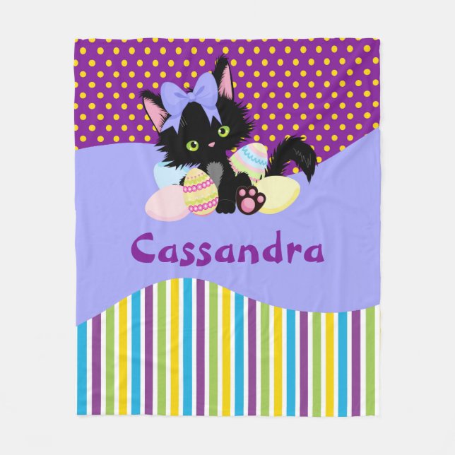 Black Kitten Easter Egg Dots and Stripes  Fleece Blanket (Front)