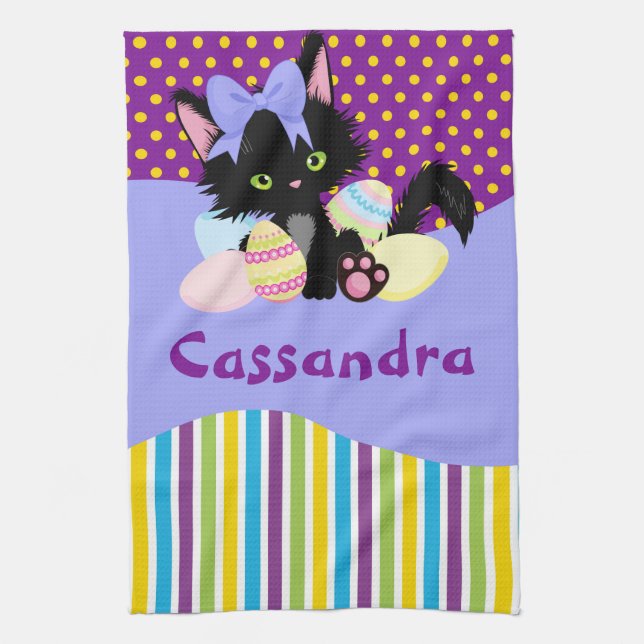 Black Kitten Easter Egg Dots and Stripes   Kitchen Towel (Vertical)