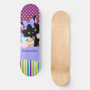 Black Kitten Easter Egg Dots and Stripes Skateboard