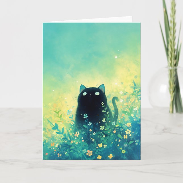 Black Kitten Floral Fantasy Card (Front)