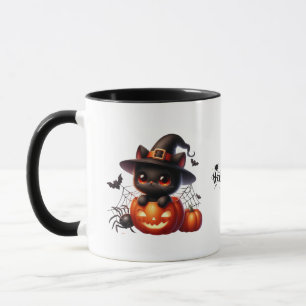 Black Kitten in a Halloween Pumpkin Mug