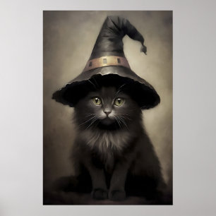 Black Kitten In A Witch's Hat Print, Halloween Cat Poster