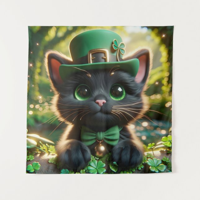 Black Kitten in Green St. Patrick's Day Attire Tapestry (Front)