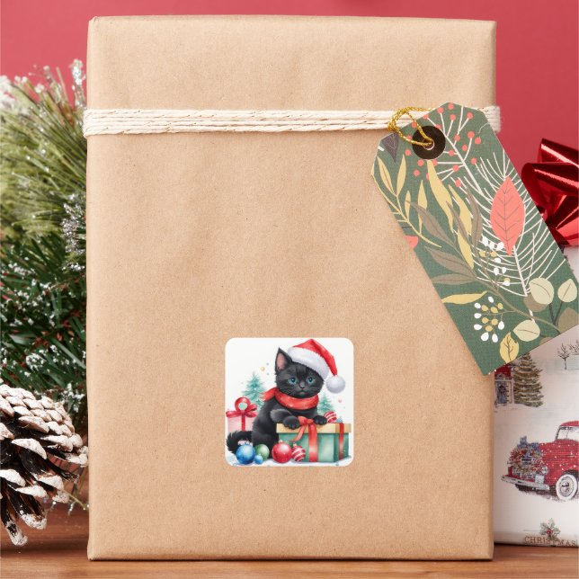 Black Kitten In Santa Hat Merry Christmas Square Sticker (Holiday)