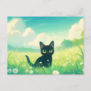 Black Kitten in Sunny Daisy Flower Meadow Postcard