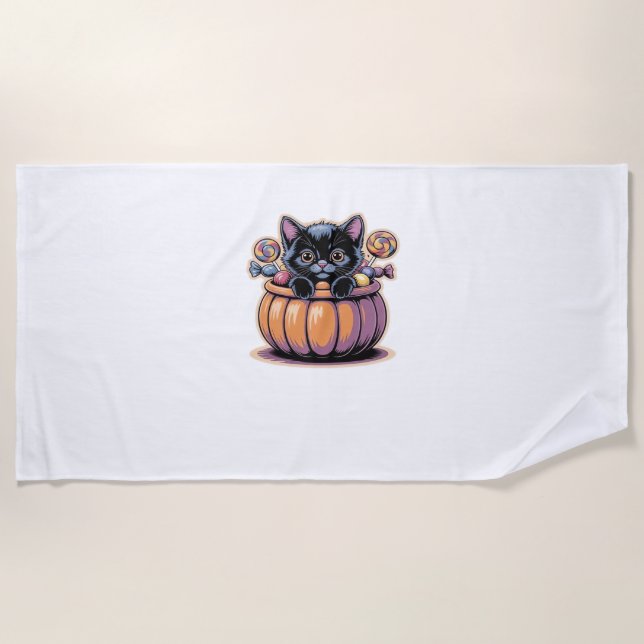 Black Kitten in Treat Bucket Classic T-Shirt Beach Towel (Front)