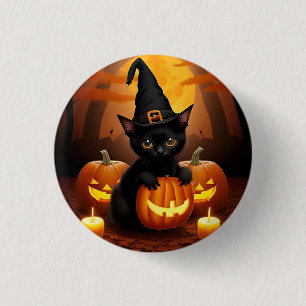 Black Kitten in Witch Hat Amid Halloween Pumpkins 1 Inch Round Button