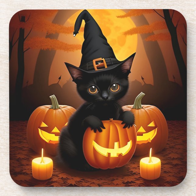 Black Kitten in Witch Hat Amid Halloween Pumpkins Coaster (Front)
