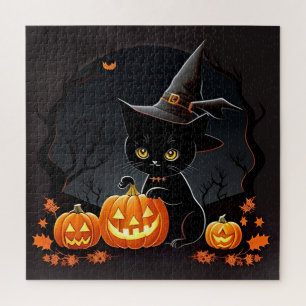Black Kitten in Witch Hat Amid Halloween Pumpkins Jigsaw Puzzle