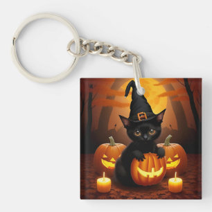 Black Kitten in Witch Hat Amid Halloween Pumpkins Keychain