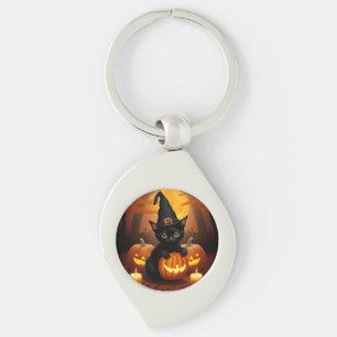 Black Kitten in Witch Hat Amid Halloween Pumpkins Keychain
