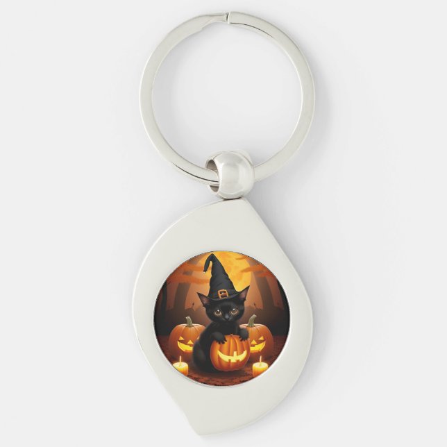 Black Kitten in Witch Hat Amid Halloween Pumpkins Keychain (Front)