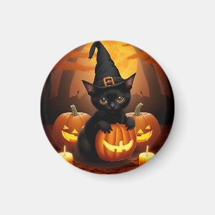 Black Kitten in Witch Hat Amid Halloween Pumpkins Magnet