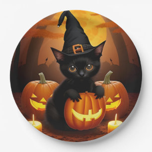 Black Kitten in Witch Hat Amid Halloween Pumpkins Paper Plate