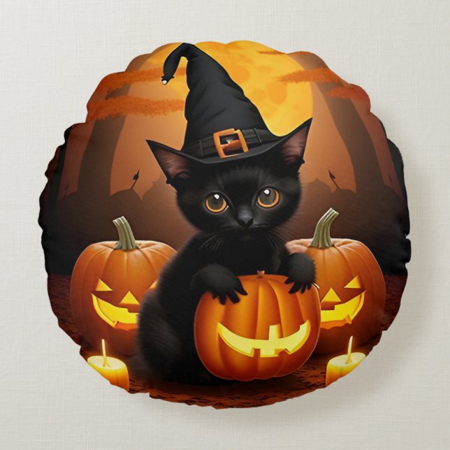 Black Kitten in Witch Hat Amid Halloween Pumpkins Round Pillow (Front)